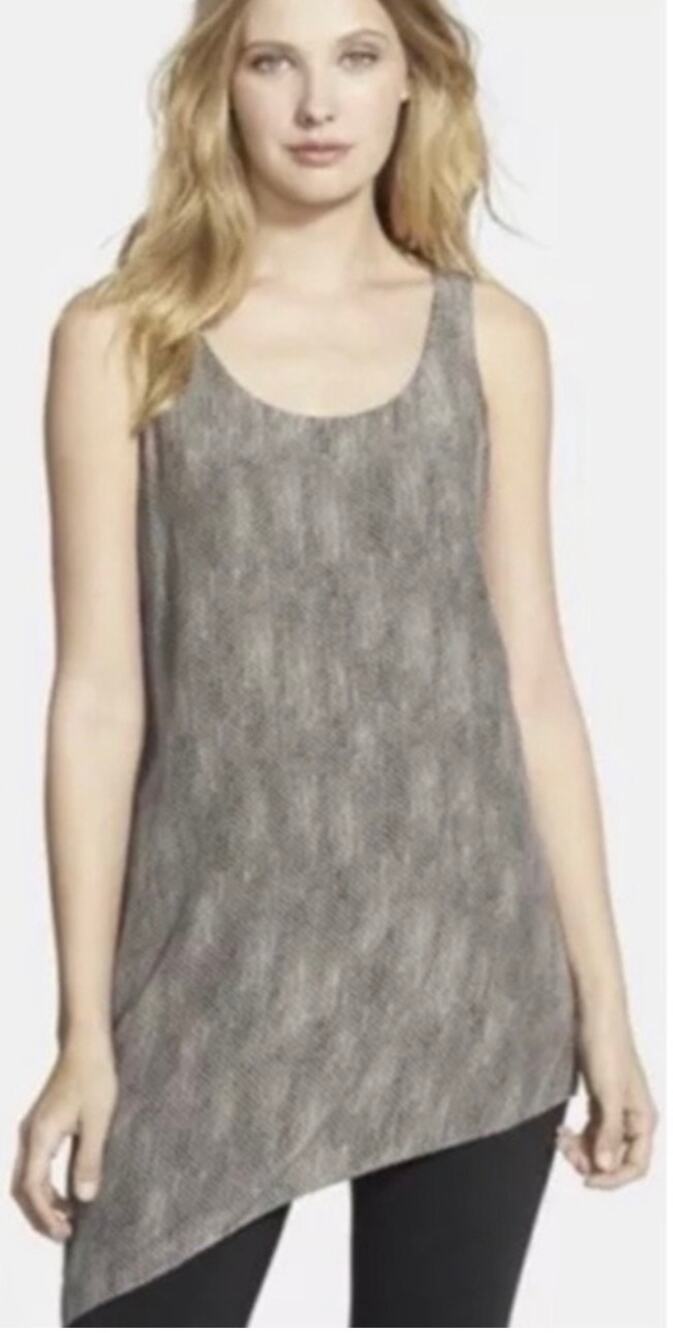 Eileen Fisher Printed Silk Crepe De Chine Chainette Asymmetric Tunic Top Size M